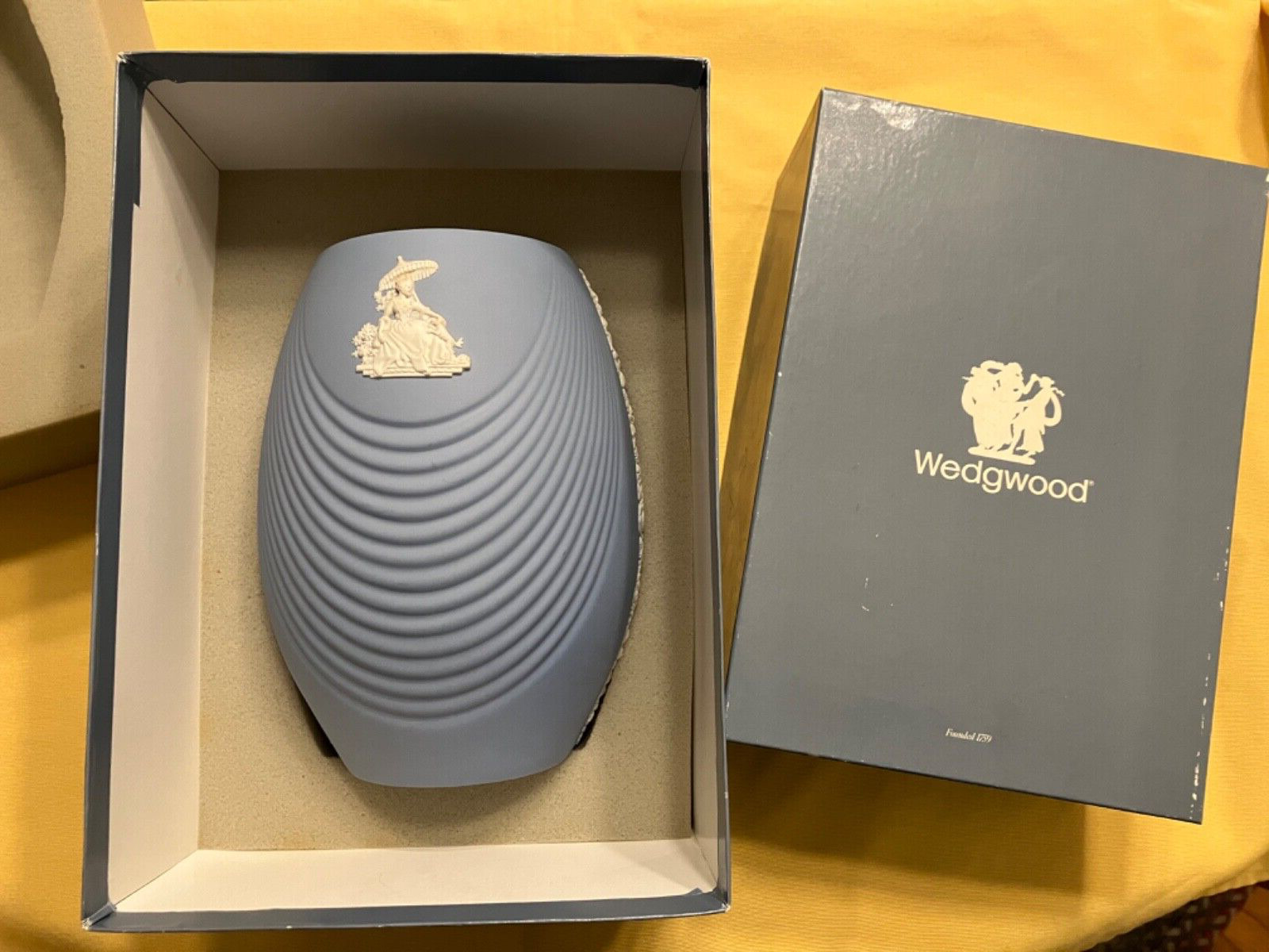 Wedgwood Jasperware Blue & White Vase, 7.5 in., Lady and Man w/orig. box