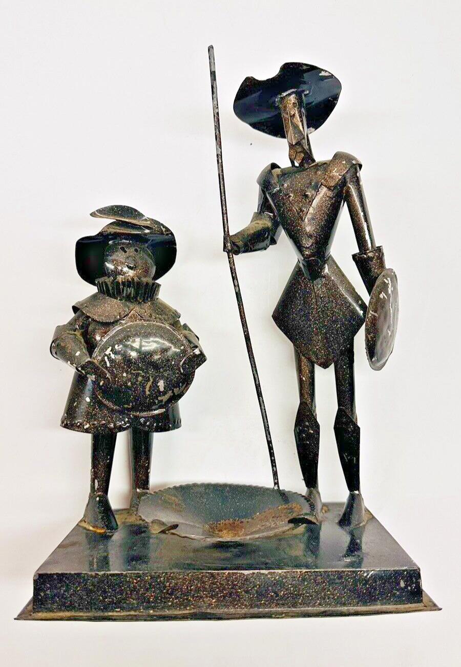 Vintage Don Quixote & Sancho Panza Tin Metal Figurine Ashtray-Mexico 10\