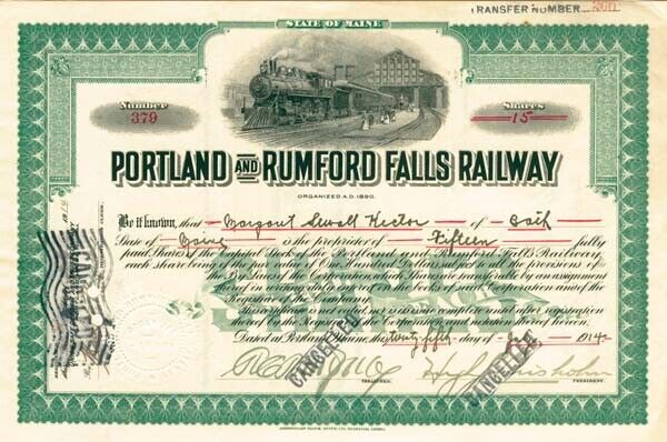 Portland and Rumford Falls Railway - Stock Certificate - Railroad Stocks