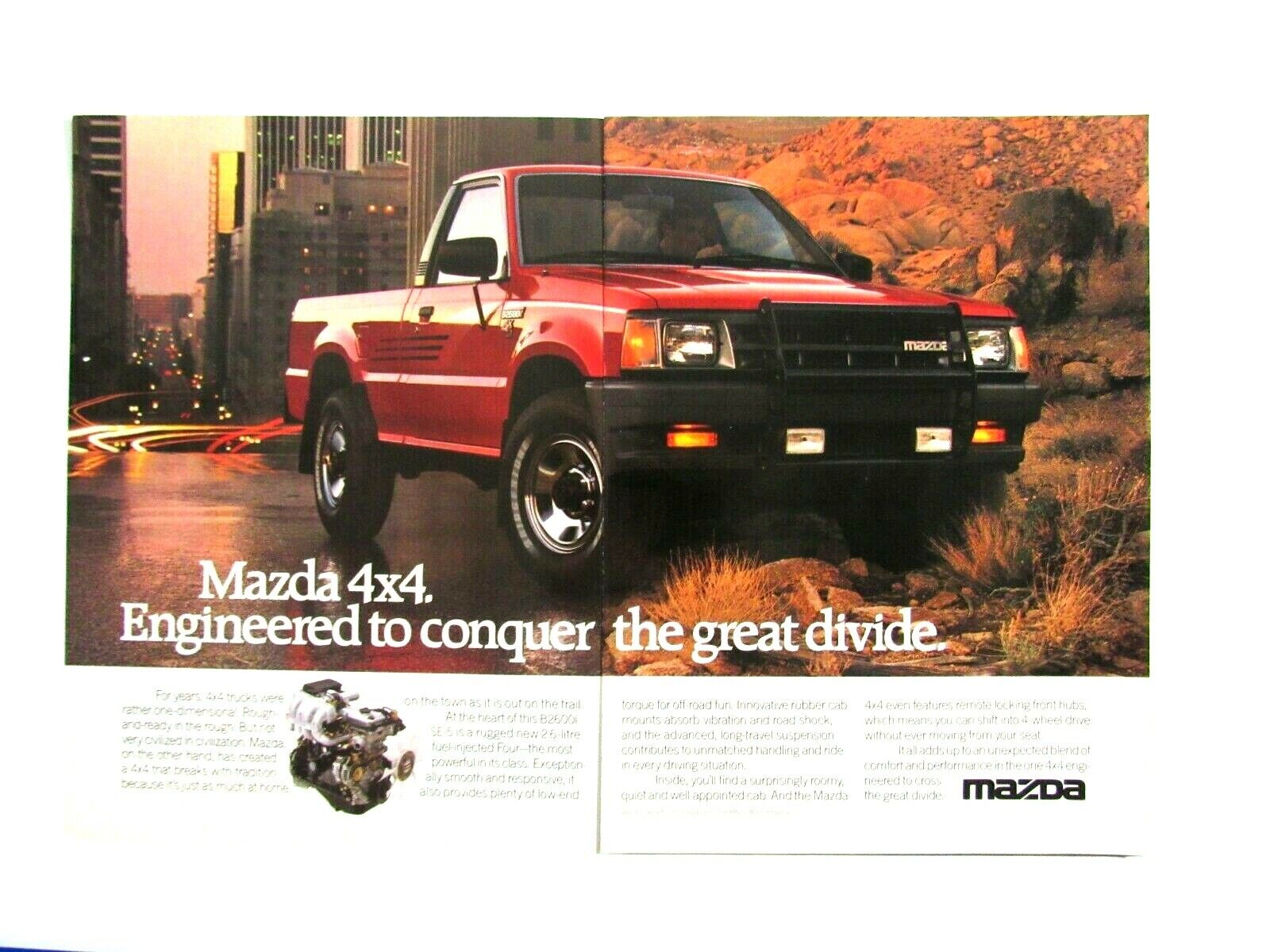 1989 Mazda 4 x 4 Truck Vintage Red The Great Divide Original Print Ad 2 page