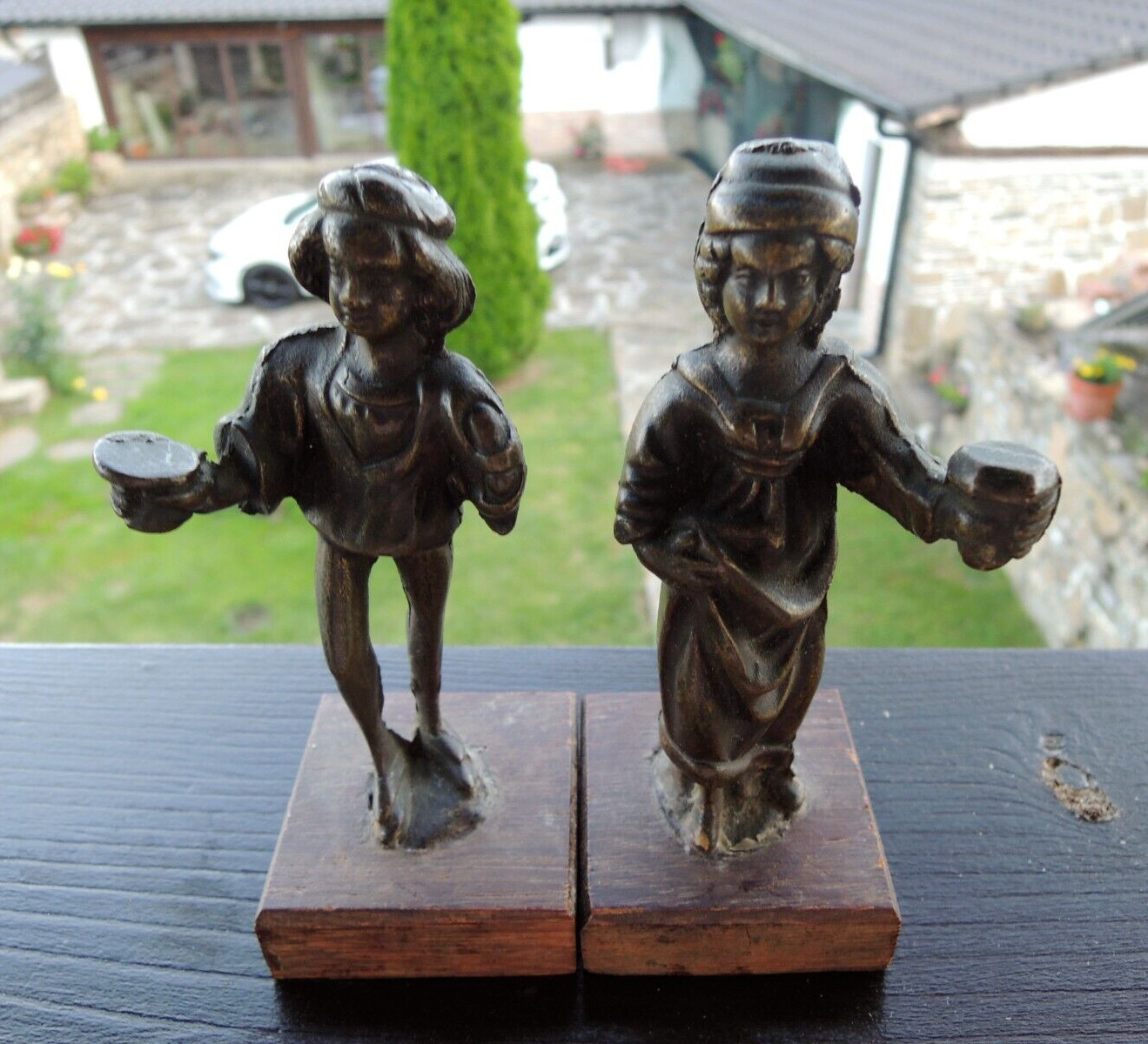 Antique French Bronze Pair Figurines Statue beggars/Wood Base