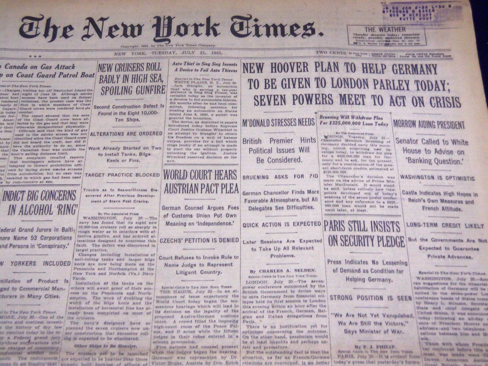 1931 JULY 21 NEW YORK TIMES - NEW HOOVER PLAN TO HELP GERMANY - NT 2214