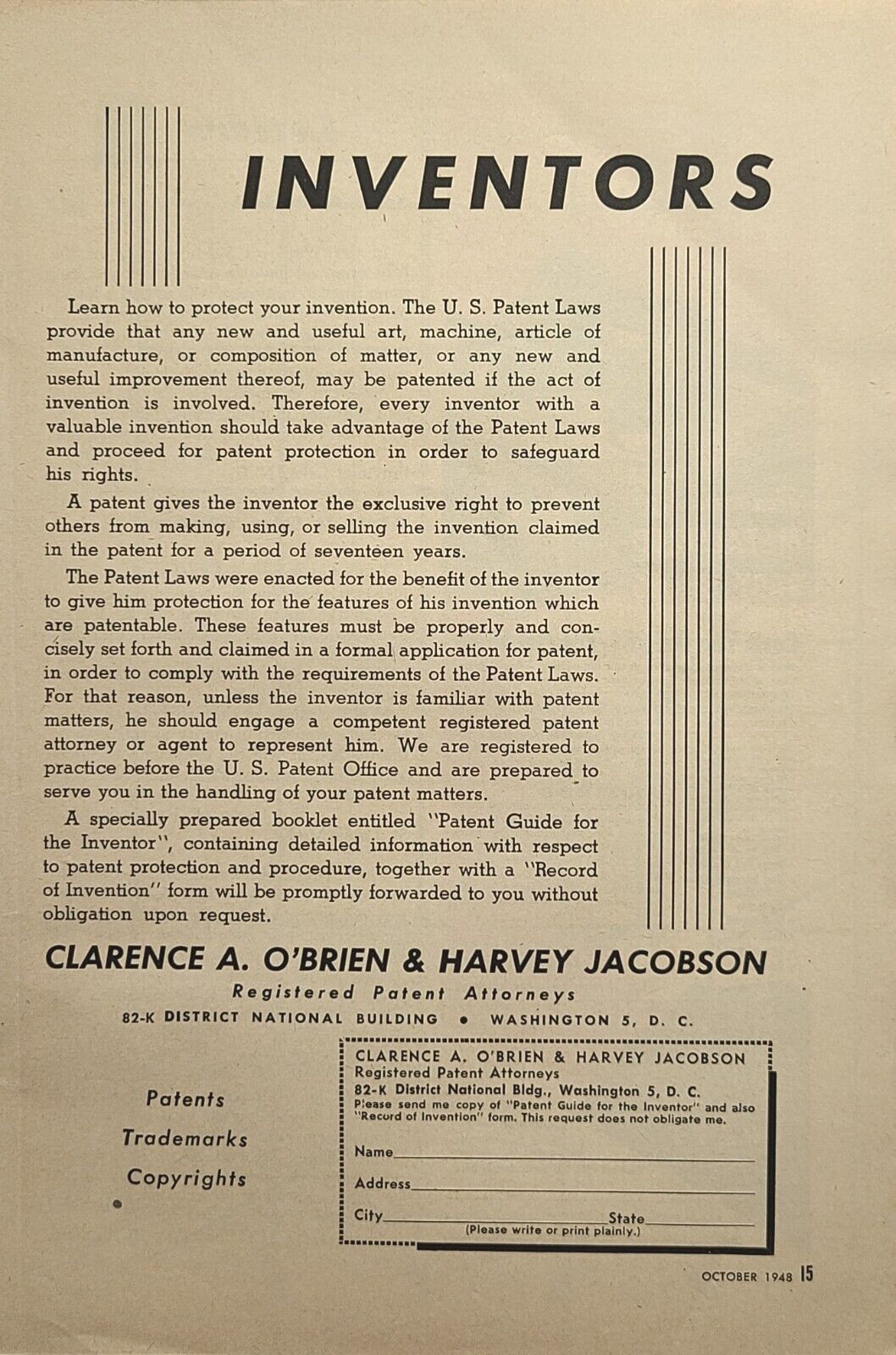 Clarence A. O\'Brien & Harvey Jacobson Patent Attorneys Vintage Print Ad 1948