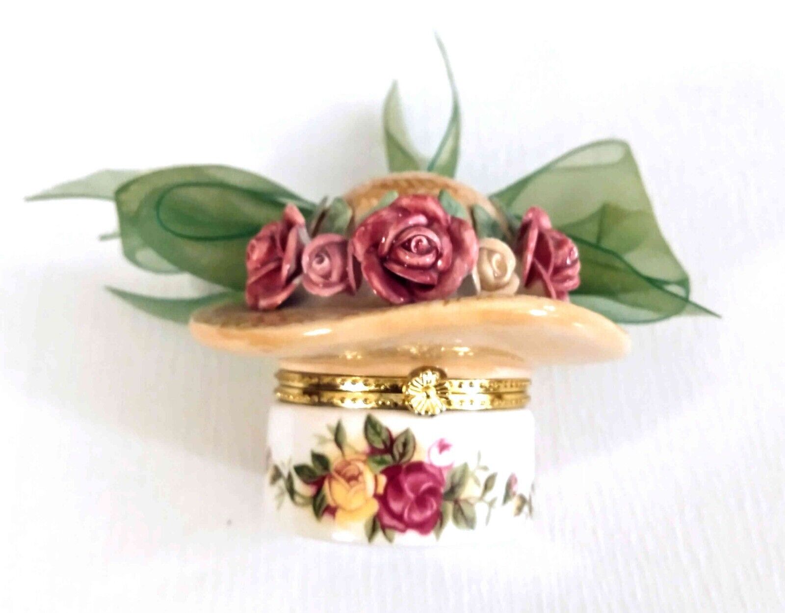 Royal Albert Vintage Porcelain Hat 24kt Gold Trim Trinket Box
