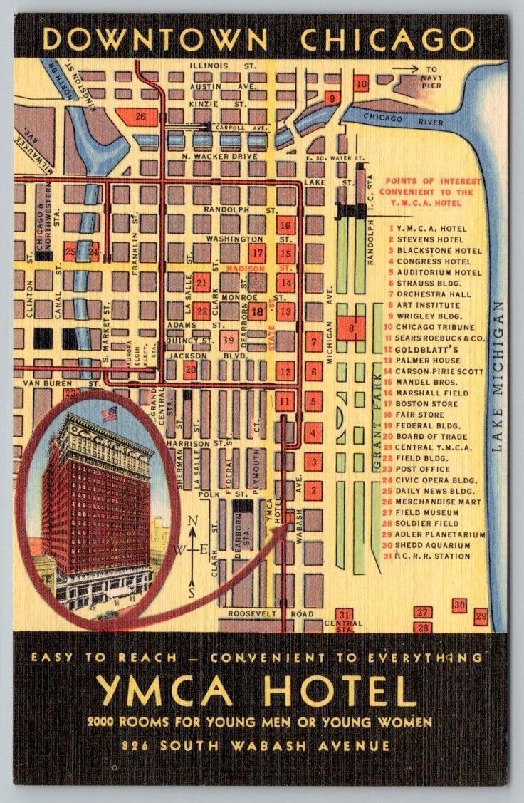 1940\'s YMCA MEN WOMEN HOTEL DOWNTOWN CHICAGO STREET MAP VINTAGE LINEN POSTCARD