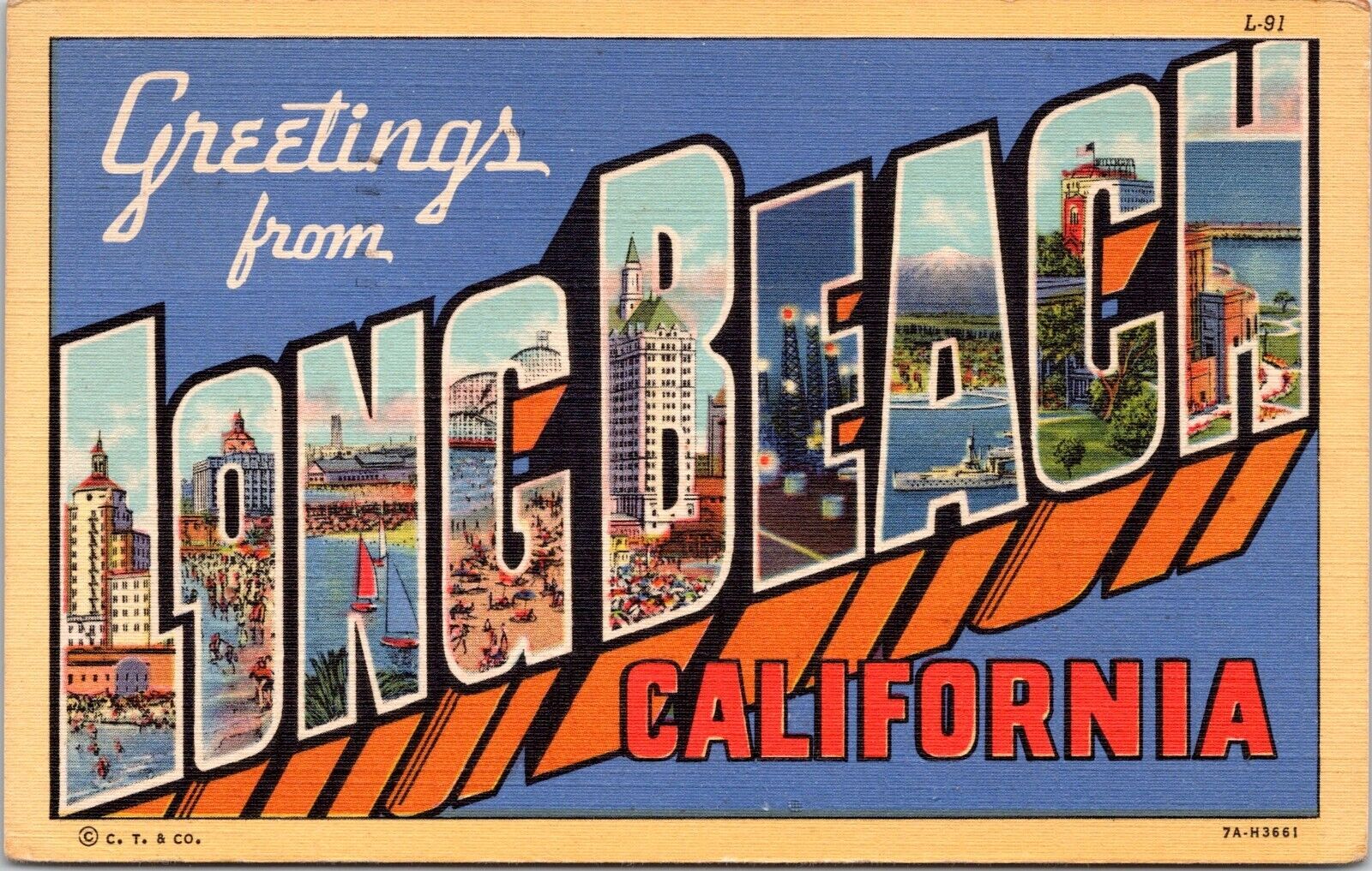 Large Letter Greetings from Long Beach California - 1946 Linen Postcard