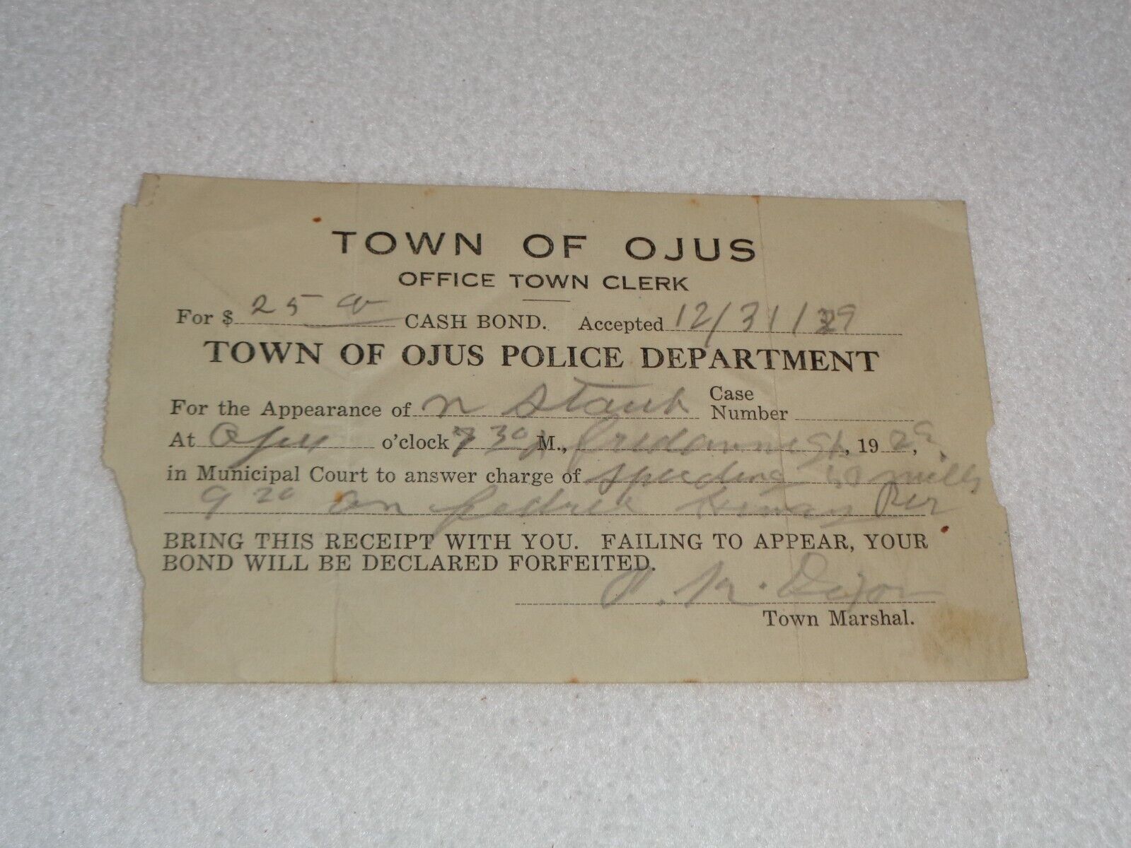 1929 Town of Ojus Police Department FL Speeding Ticket Rare Antique Receipt