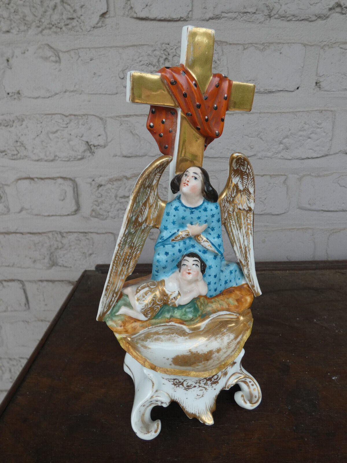 Antique vieux paris porcelain angel holy water font crucifix rare 19thc