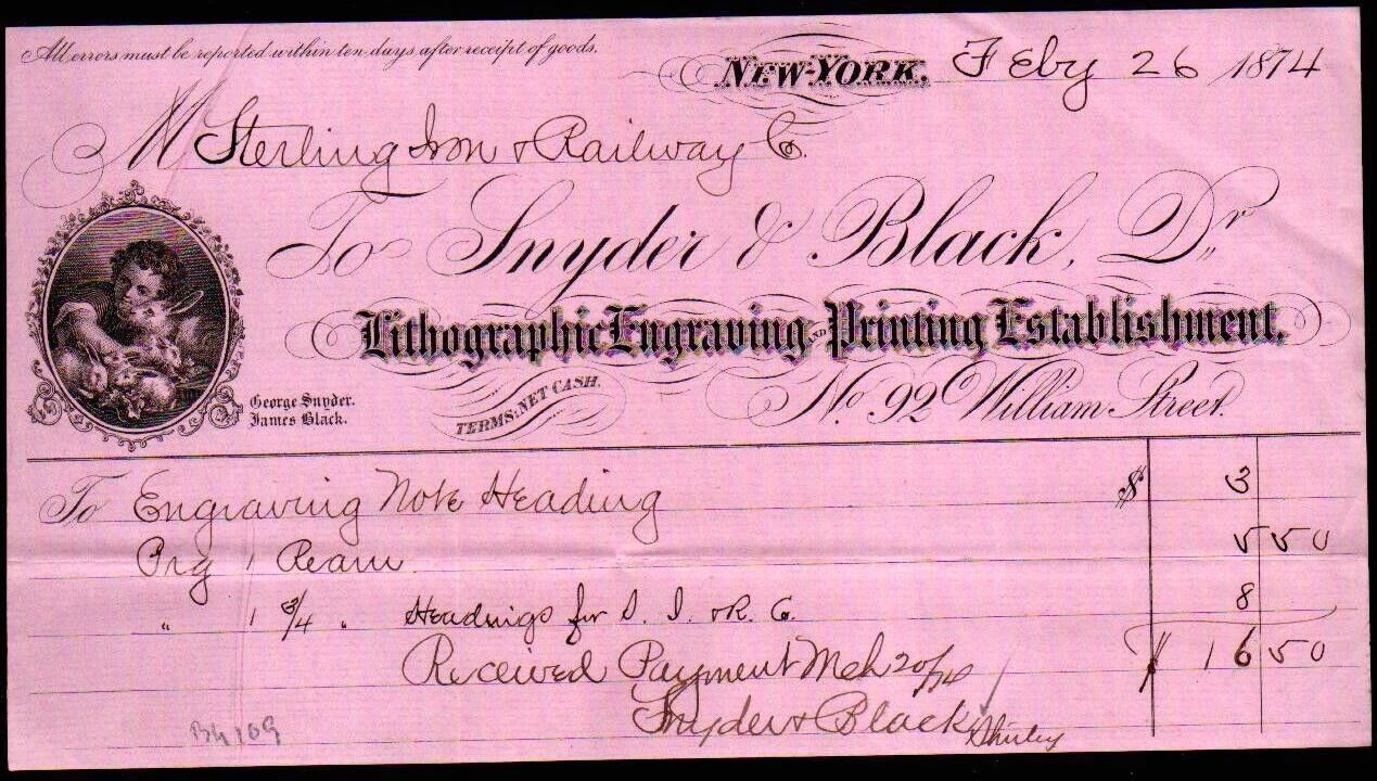 1874 New York - Lithographic Engraving Printing Establishment - Letter Head Bill