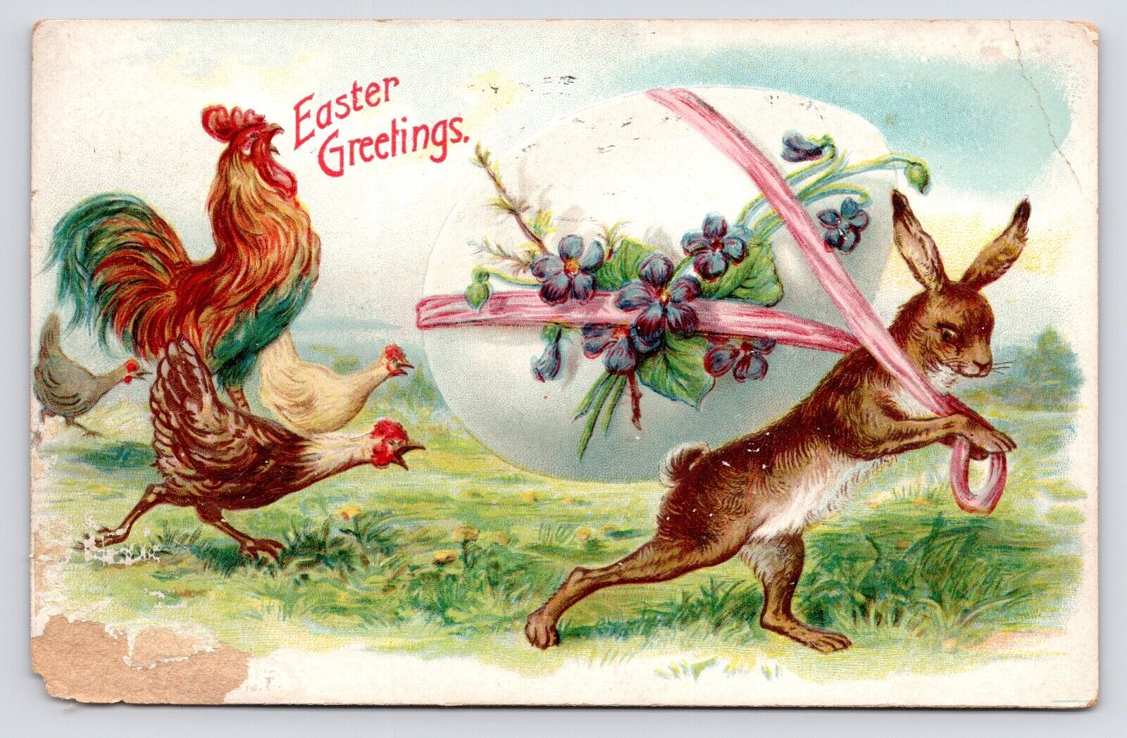 1908~Easter Bunny with Egg Running From Angry Roosters~Antique Art Postcard