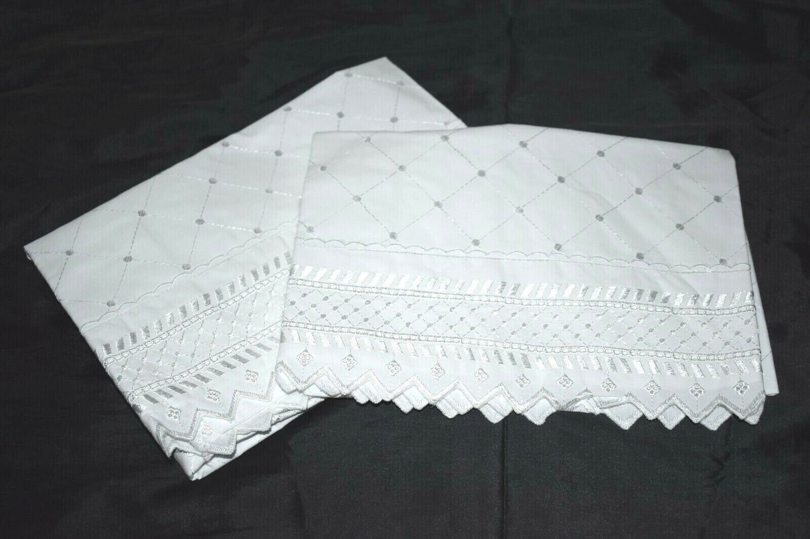 Gorgeous Pair Cotton White Eyelet Lace Embroidered Standard Pillow Shams Shabby