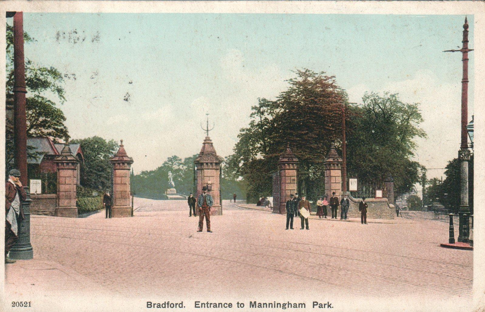 1913 Antique Bradford, Entrance to Manningham Park POSTCARD to King\'s Seat Hill