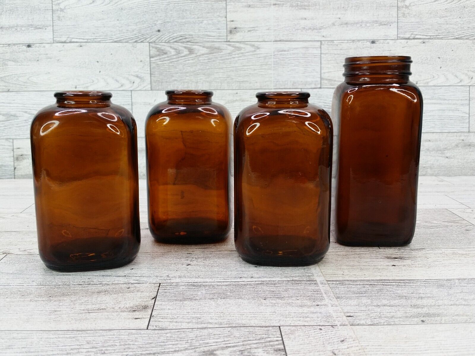 Lot of 4 Vintage Amber Glass Apothecary Medicine Pill Bottle Jar Jars