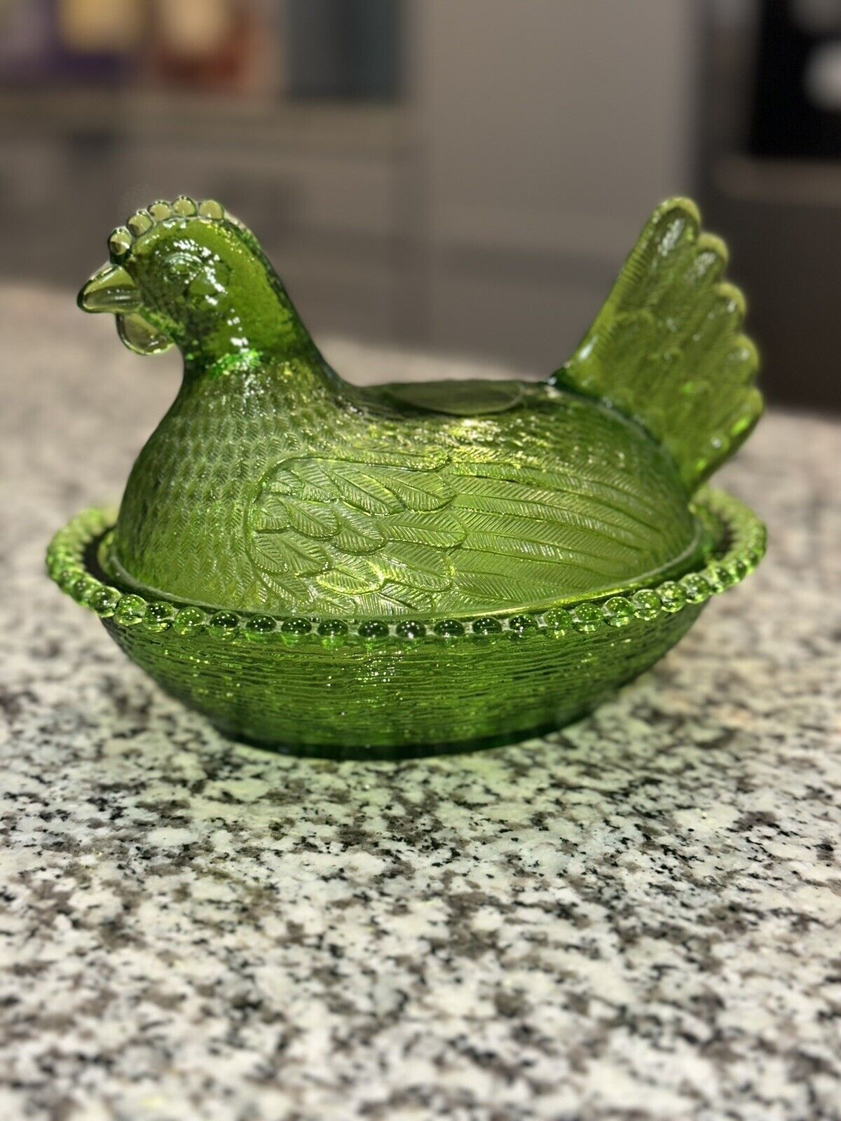 Vintage Indiana Glass Avocado Green Hen on Nest Beaded Candy Trinket Lidded Dish