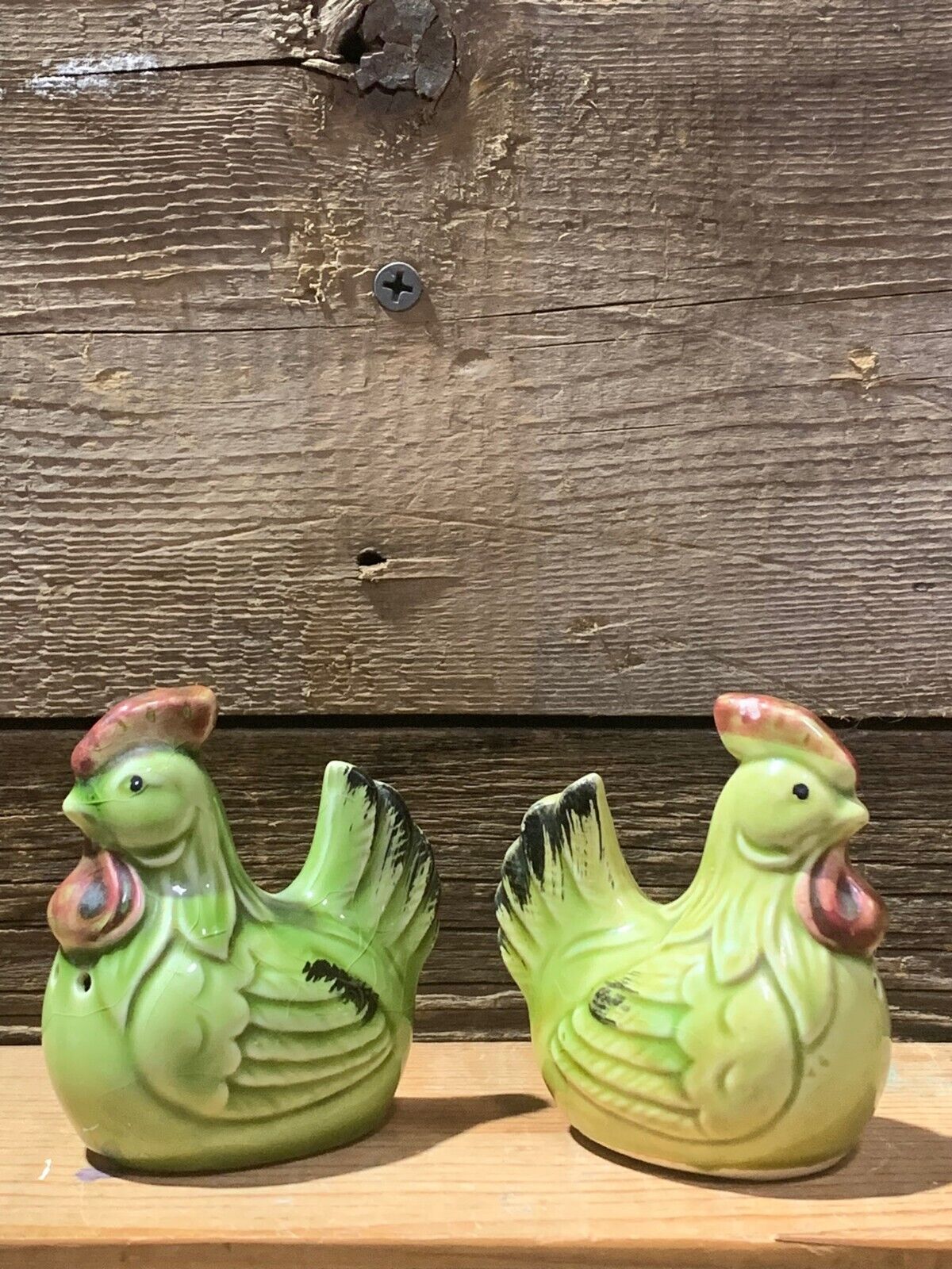 Vintage Green Ceramic Roosters, Salt & Pepper Shakers