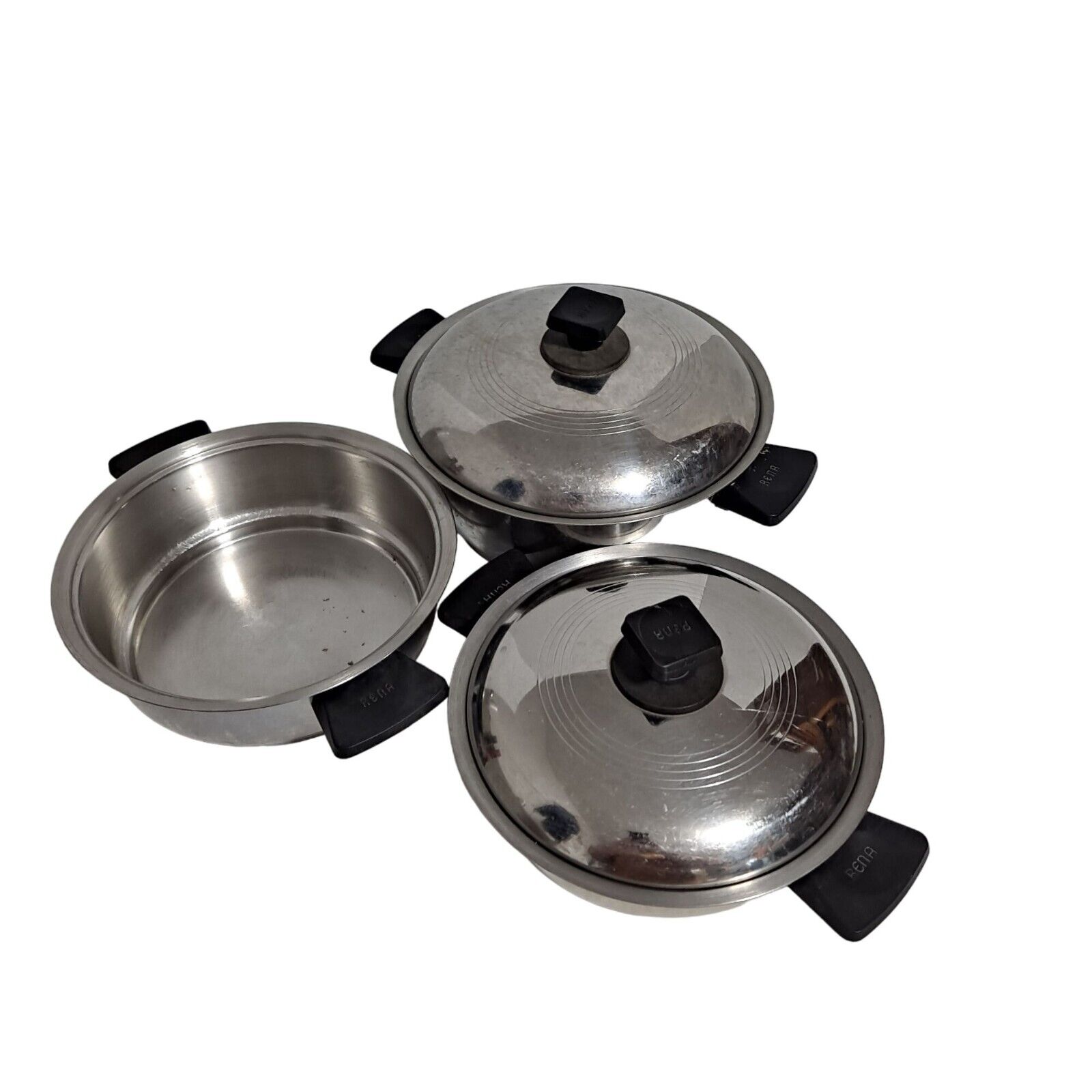 Vintage Rena-Ware Pots Pans Stainless Steel 1, 2, 3 Quart 2 Lids Cookware 3 Ply