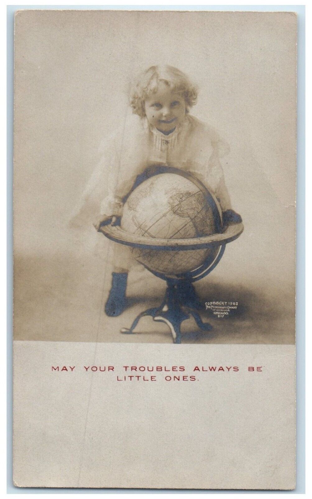 c1905 Girl Globe May Your Troubles Always Be Little Ones RPPC Photo Postcard