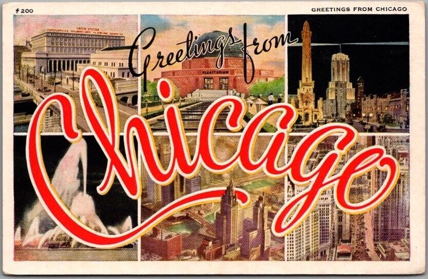 c1940s CHICAGO Illinois Large Letter Greetings Postcard Multi-View Linen UNUSED