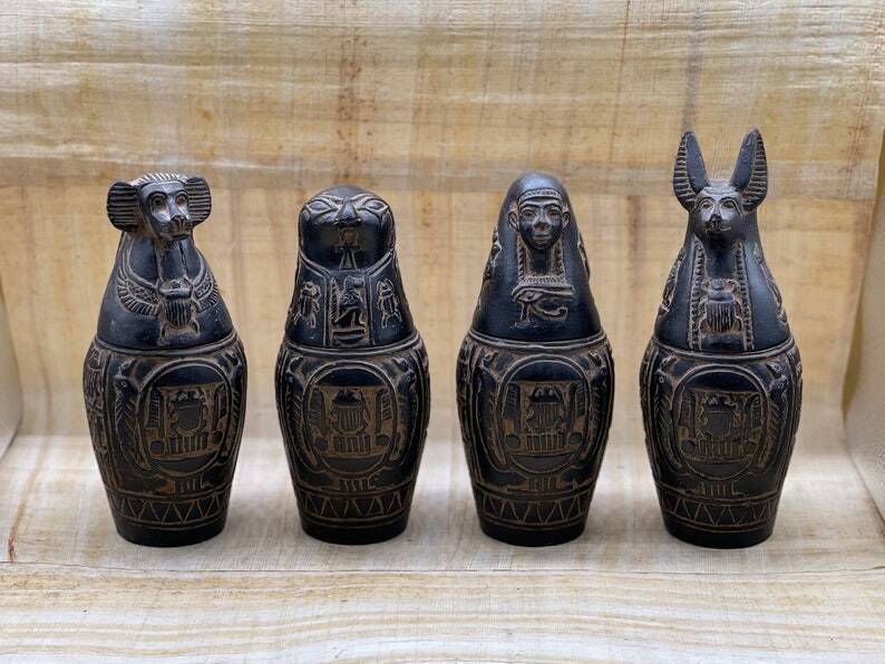 RARE ANTIQUE ANCIENT EGYPTIAN Statue 4 Canopic Jars Box God Isis Anubis 1591 Bc