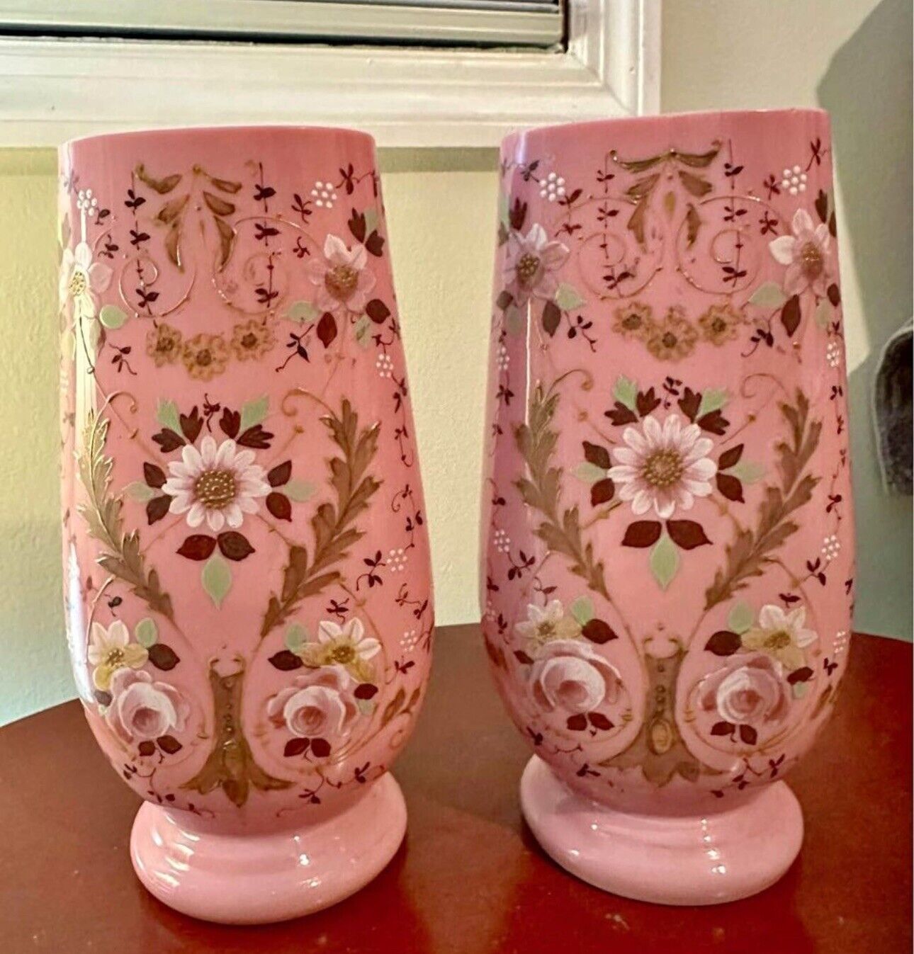 2 Continental Bristol Pink HAND PAINTED Large Vases Vintage c. 1900's Rare
