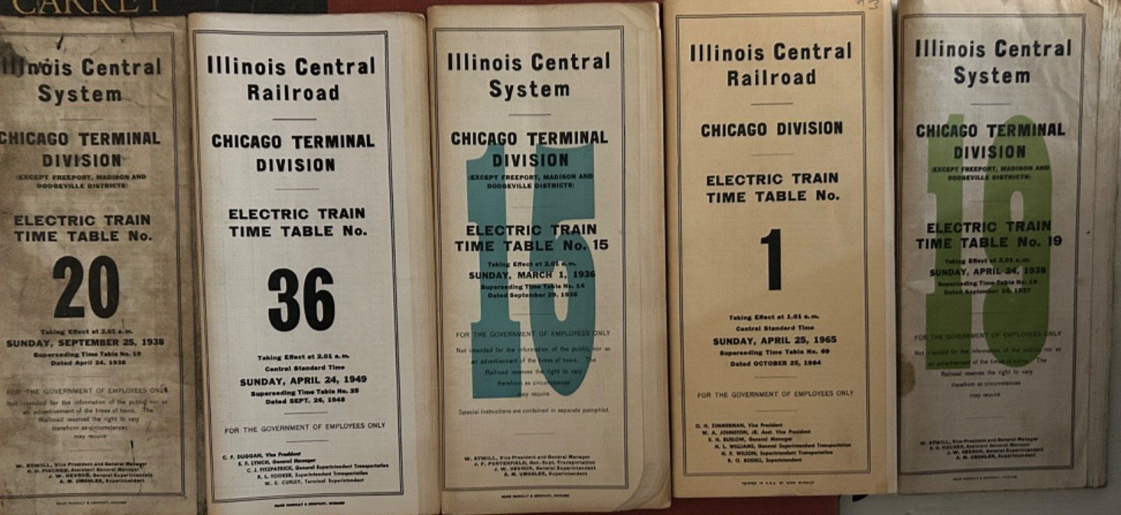 Lot of 5 Illinois Central Railroad Chicago Division Employee Timetable No.19...