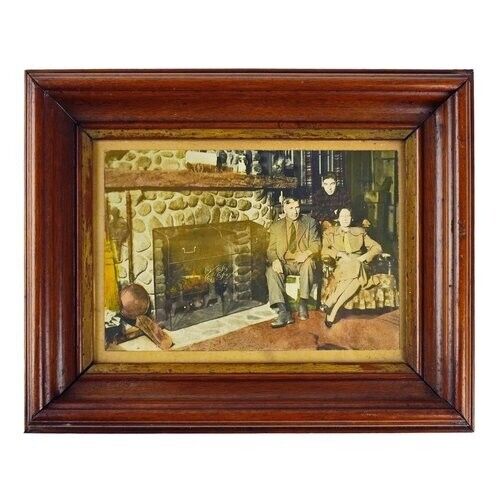 Vintage c. 1950\'s \'Fireside Family\' Hand Colored Photograph in Wood Frame