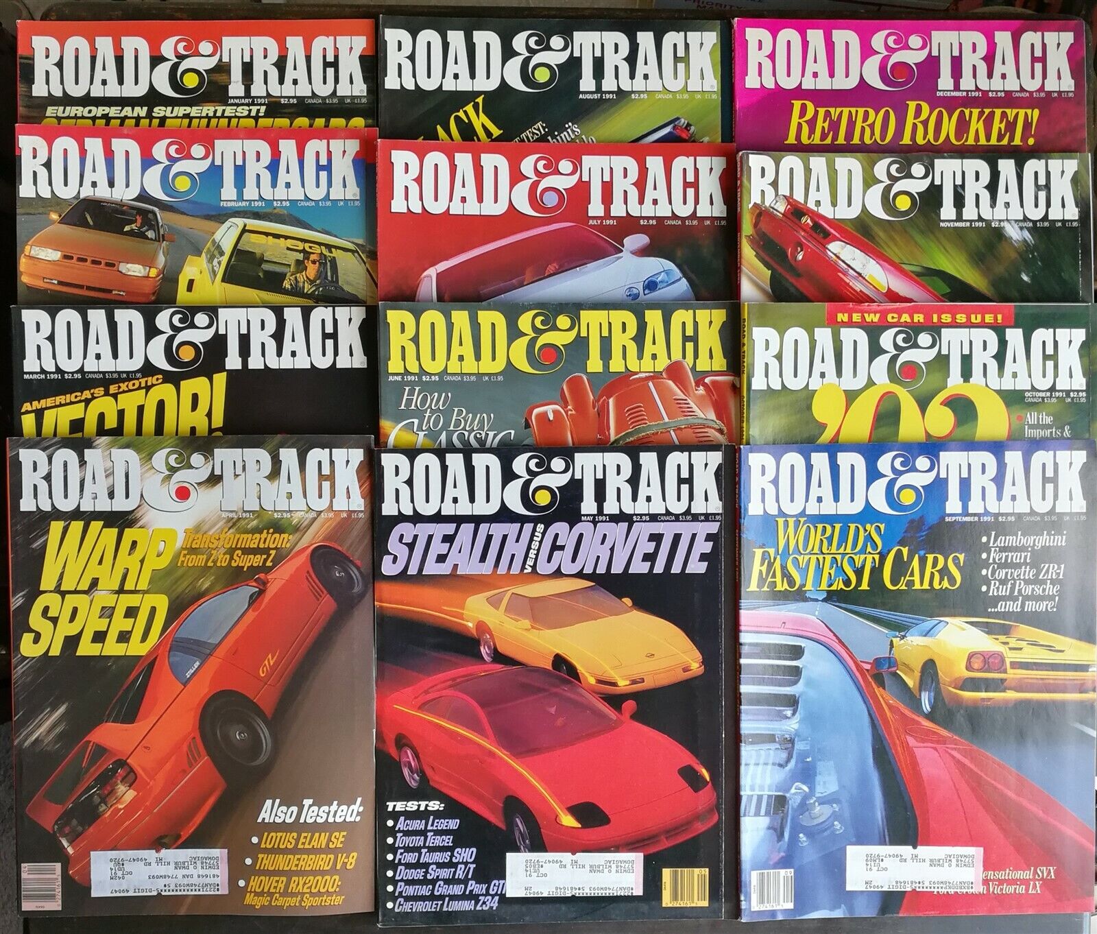 Road & Track Magazine 1991 The Complete Year - All 12 Issues 