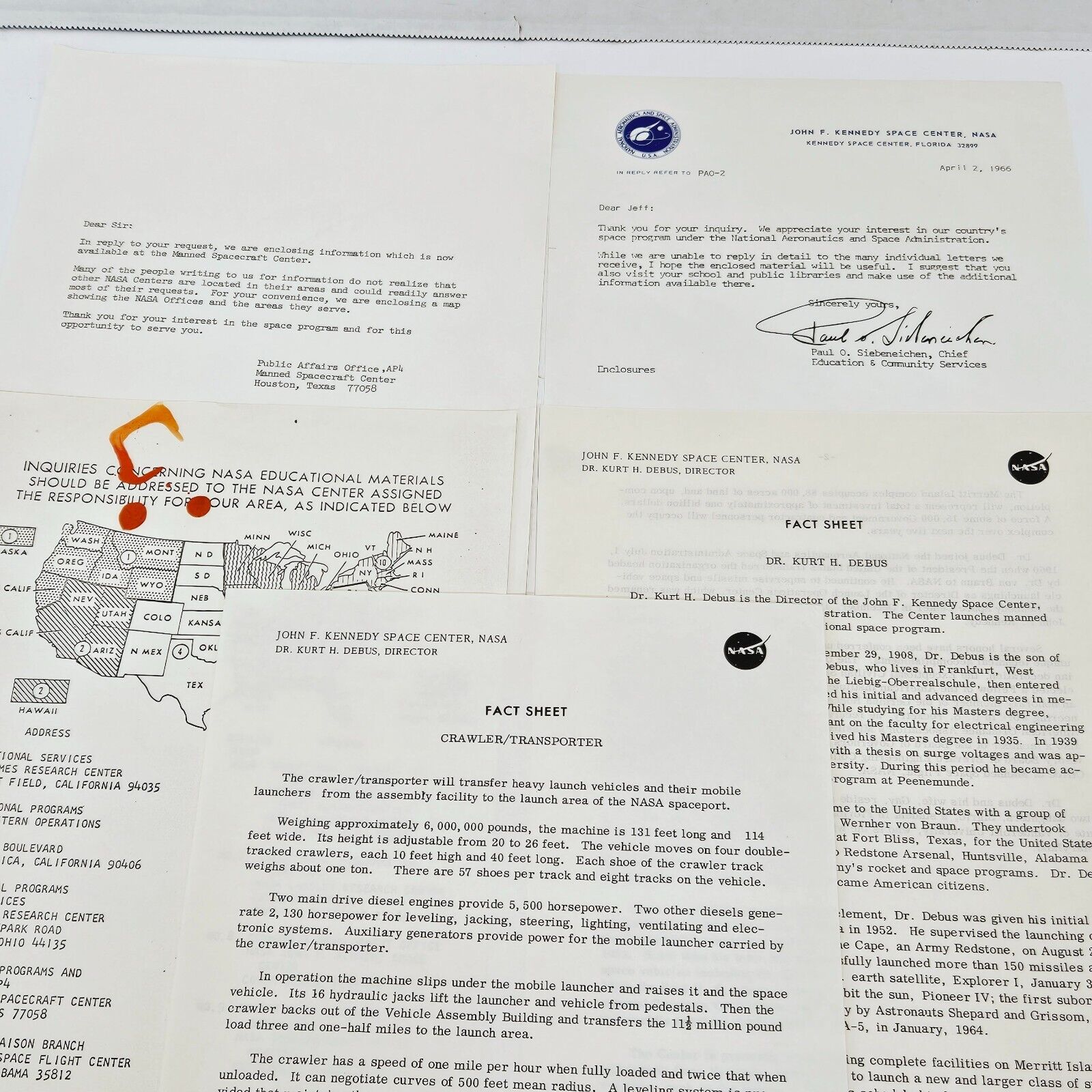 NASA Information Request Response Letters and Fact Sheets 1966 Kennedy Center