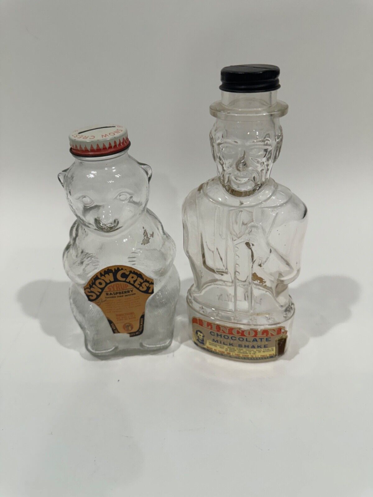 2 Rare Vintage Glass Bank Bottles from the 1950s: Lincoln & Bear Figurines~Class