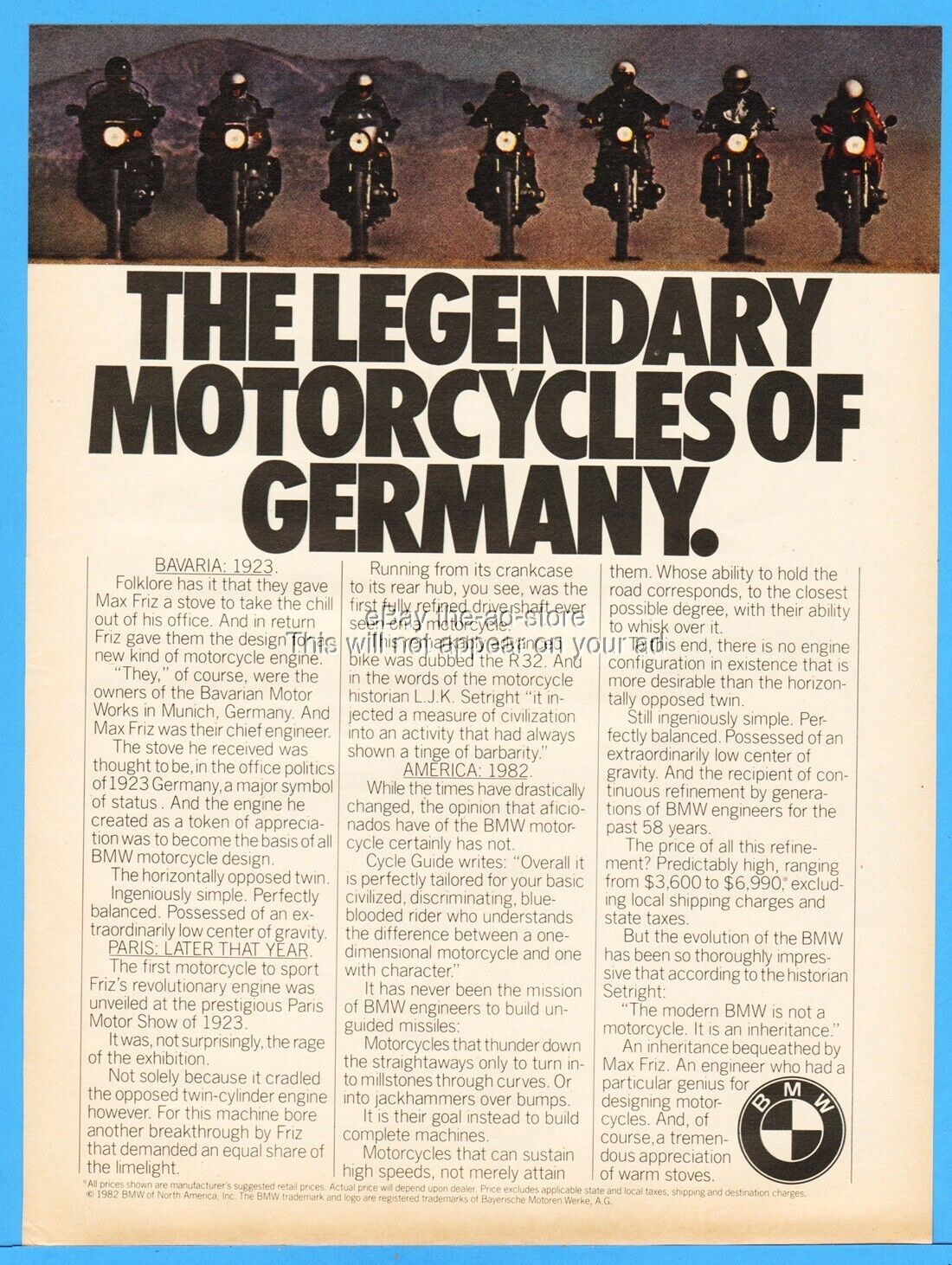 1982 BMW Legendary Motorcycles of Germany Vintage Bike Advertisement Photo Ad