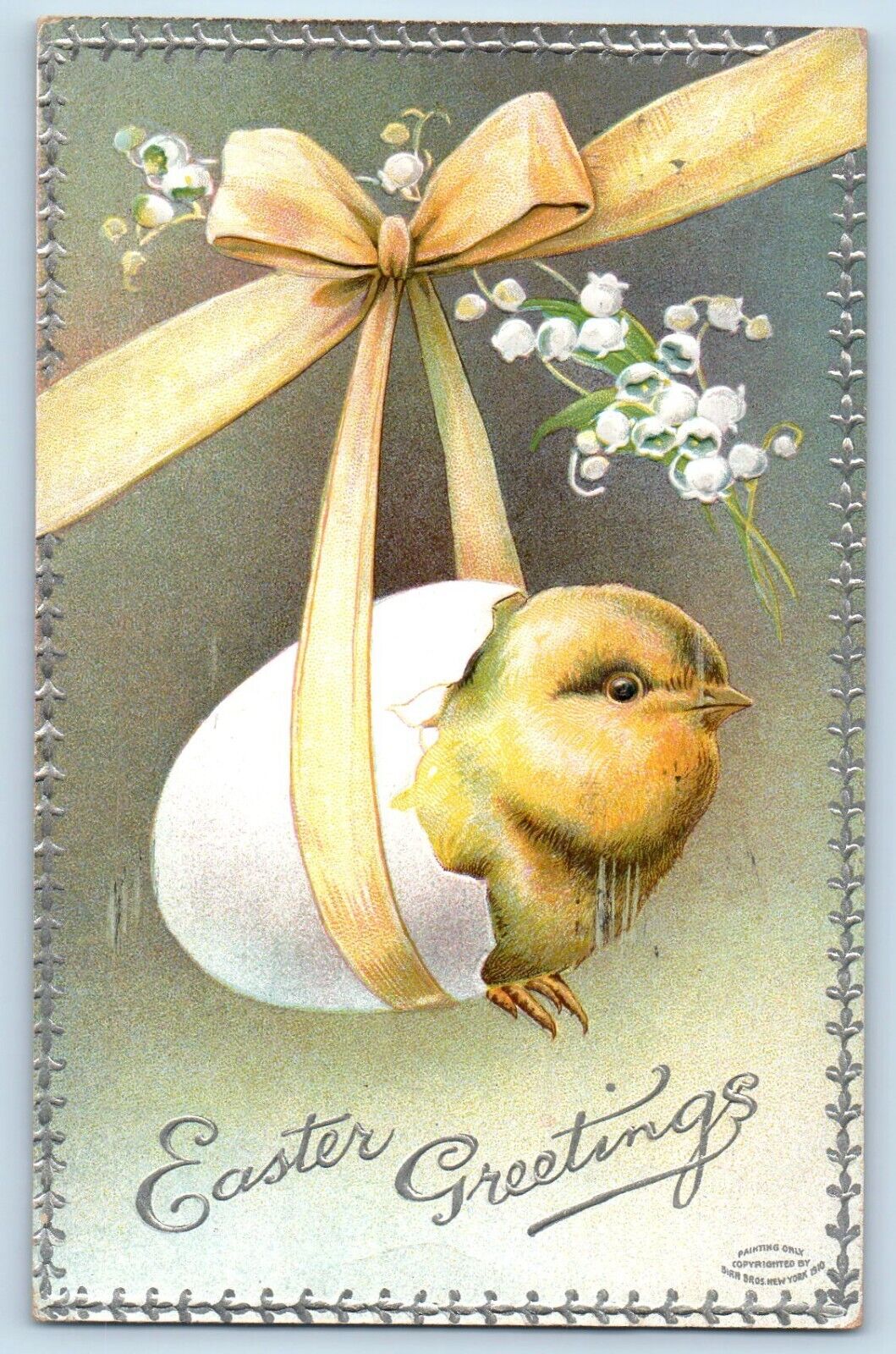 Easter Postcard Greetings Hanging Hatched Egg Chick Flowers Embossed San Jose CA
