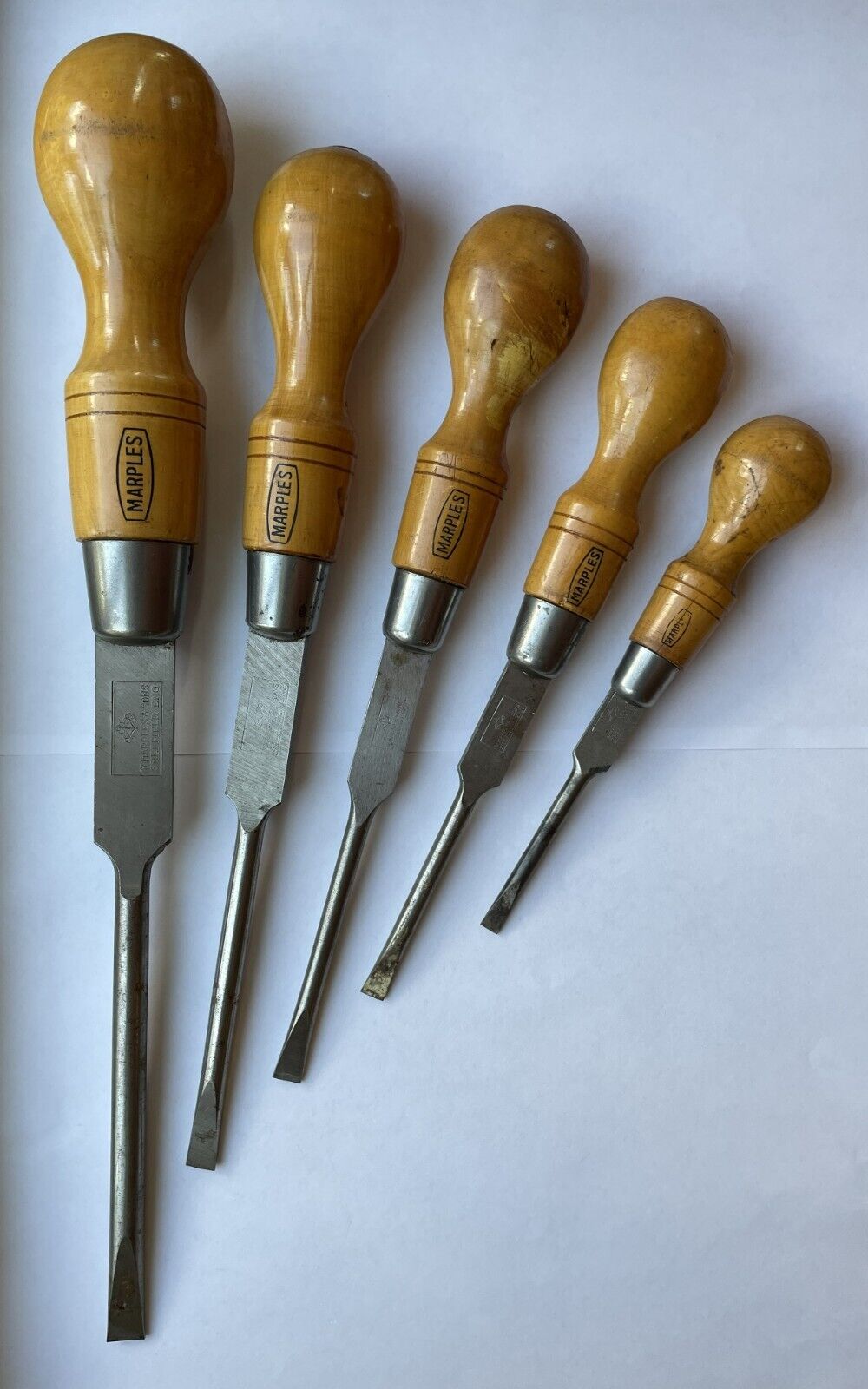 Graduated Set of W. Marples Cabinetmaker Screwdrivers with Boxwood Handles 