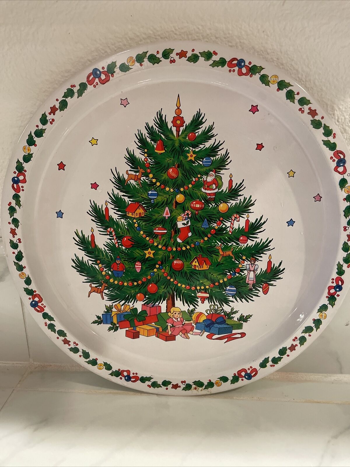 Vintage The Ullman Co. Holiday Christmas Tree Round Metal Serving Tray 13”