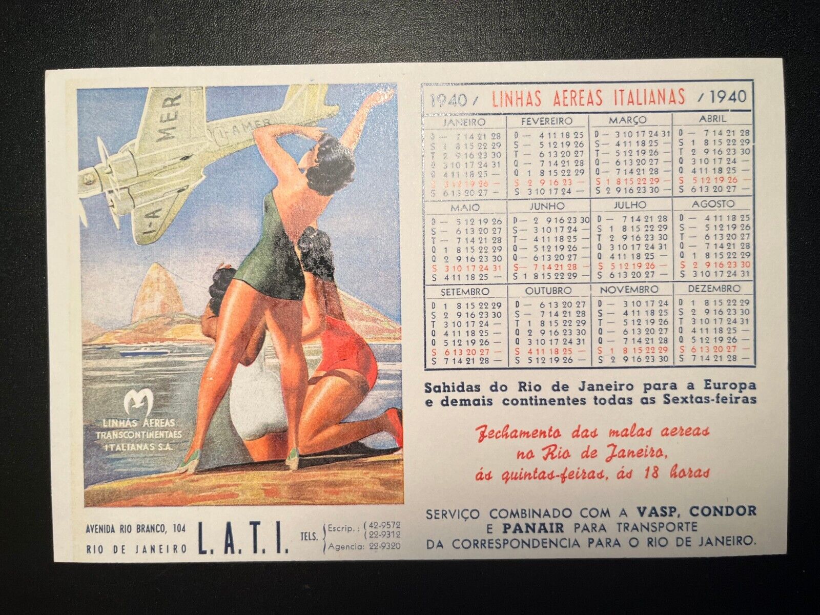 Mint 1940 Advertisement Calendar Postcard LATI Italian Airline