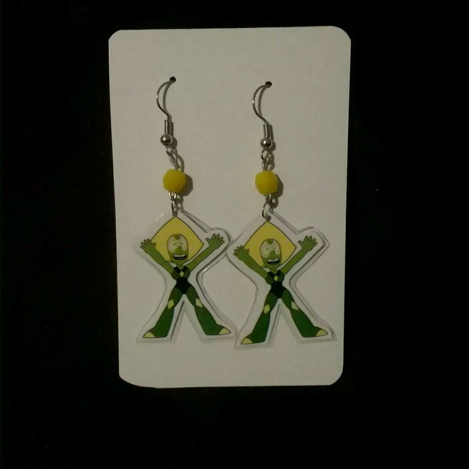 Custom Handmade Laminate Peridot Gem Green Alien Cartoon Earrings