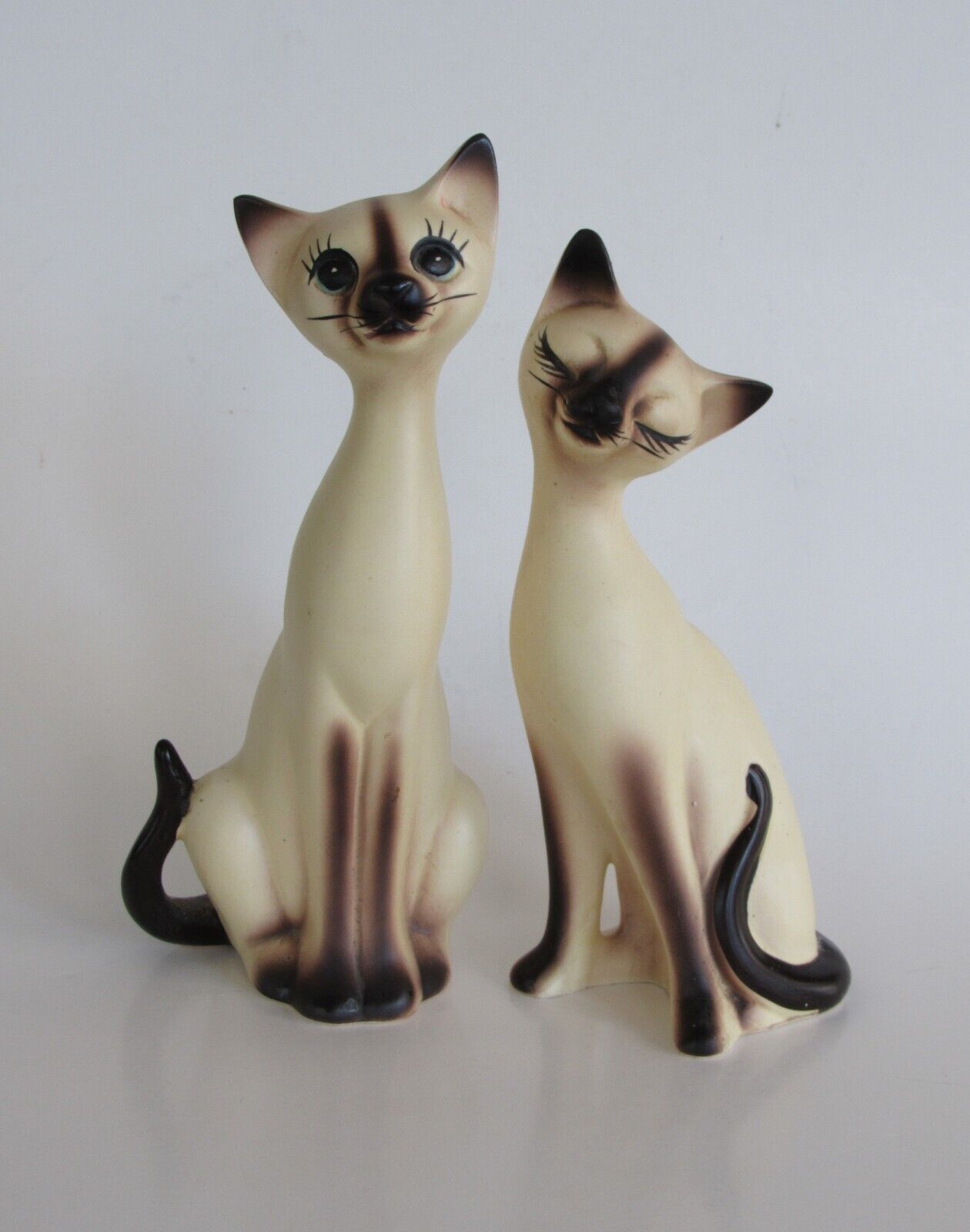 Mid Century Modern Ceramic Loving Siamese Cat Figurine Pair 7 and 8-inch Japan