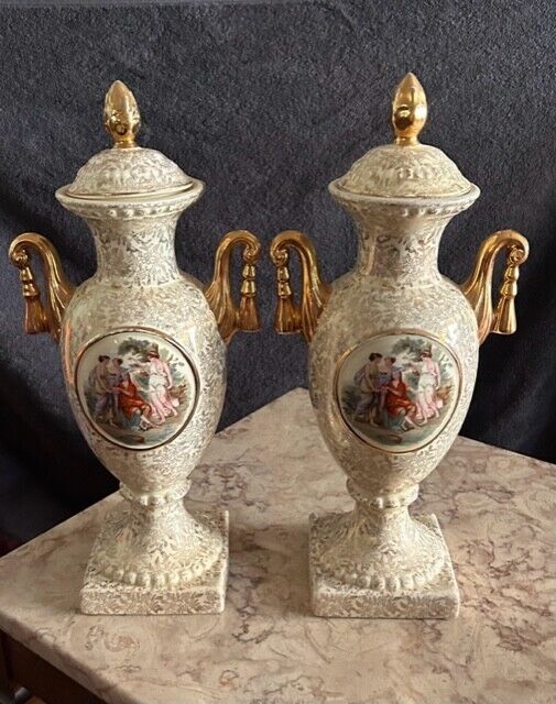 Antique English Hand Painted Urns. Cream color. Perfect Condition