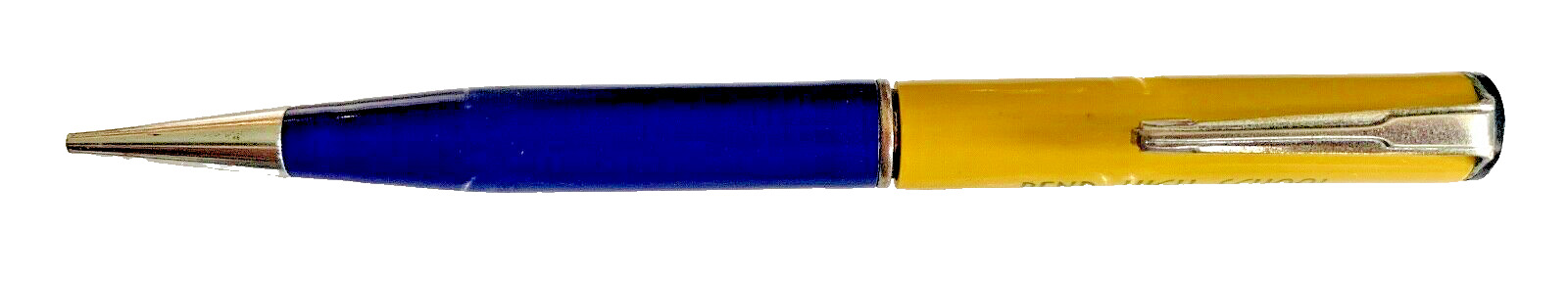 VINTAGE RITEPOINT ADVERTISING MECHANICAL PENCIL, BLUE / YELLOW & CHROME, 1950'S