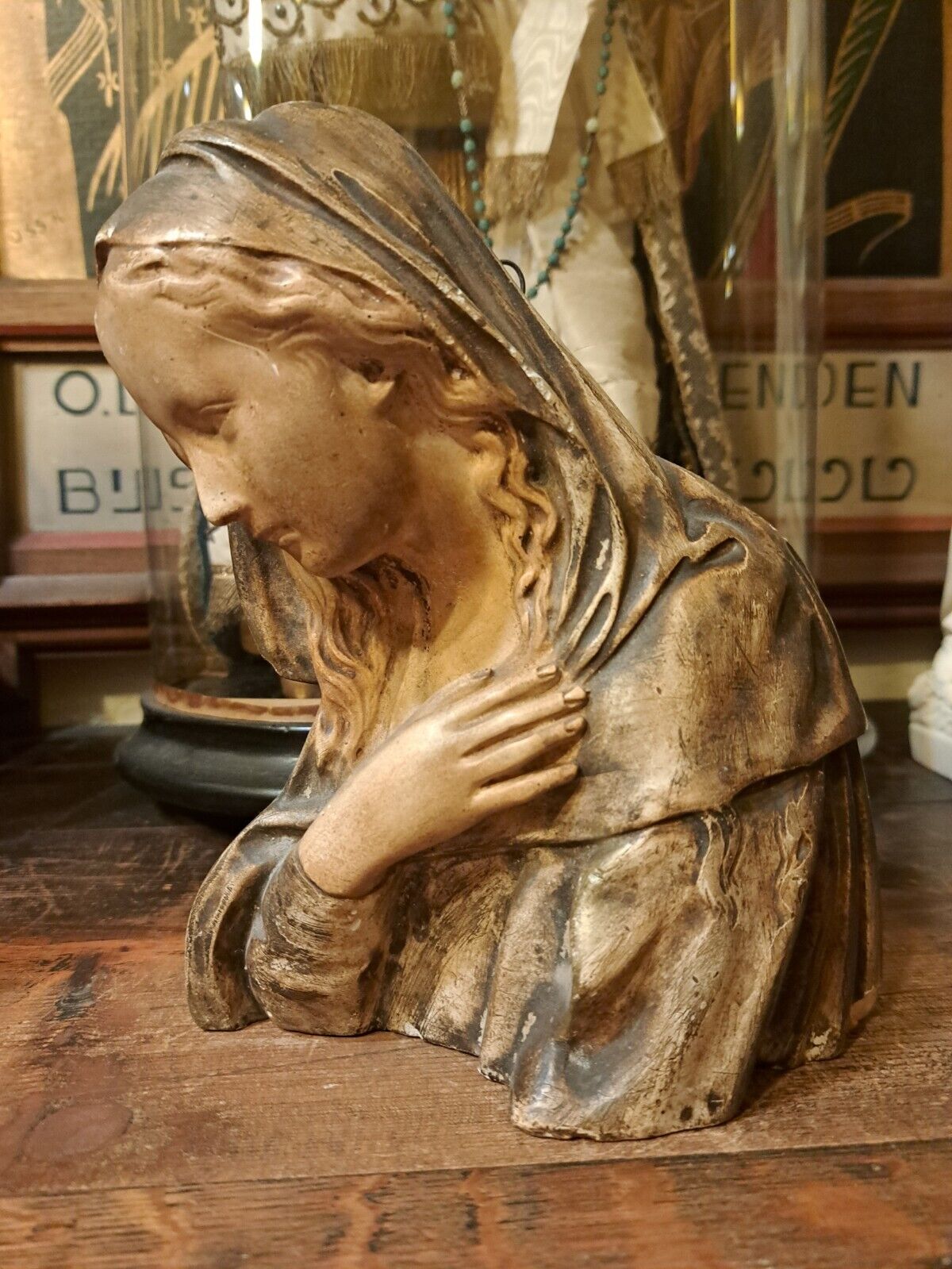 Antique Plaster Handpainted  Madonna Virgin Mary  Chapel Altar Statue Buste