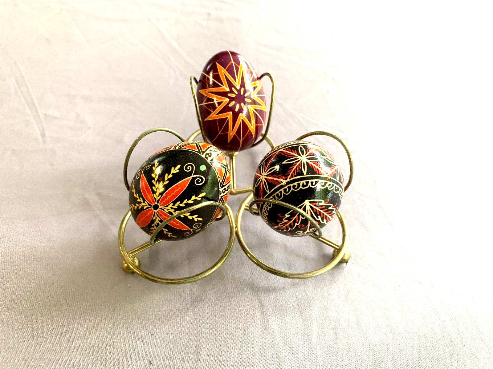 3 Vintage Pysanky Pysanki Eggs Hand Painted Wooden Russian w/ Brass Egg Holder