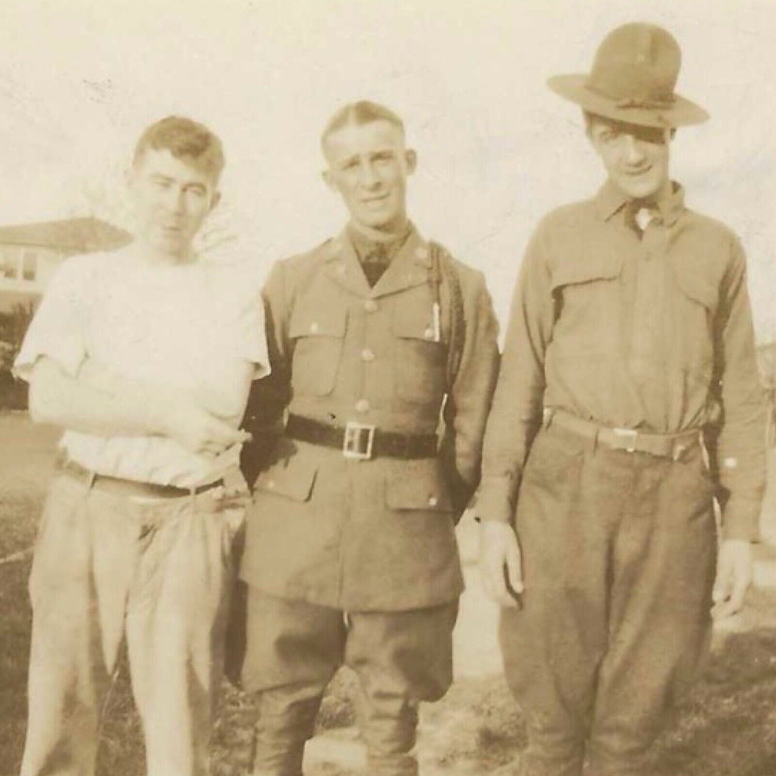 Antique Snapshot Photo Three Handsome Men Wearing Military Uniforms