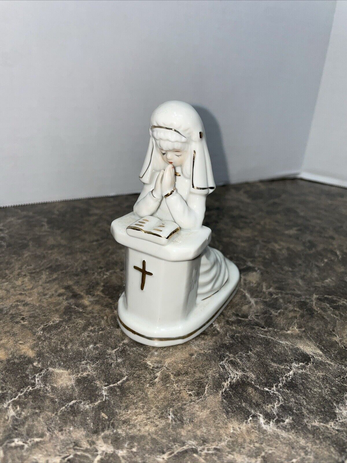 Antique Porcelain White Gilded Praying Nun Girl Dresser Top Figurine