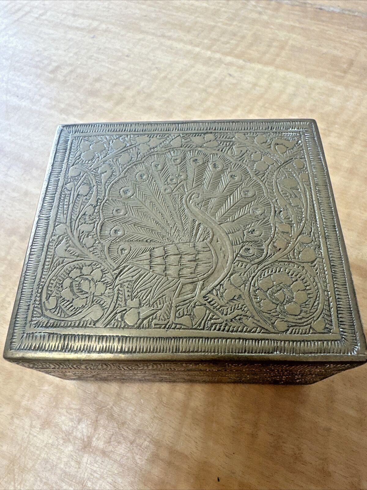 Antique Etched Solid Brass Box Peacock Motif Made In India