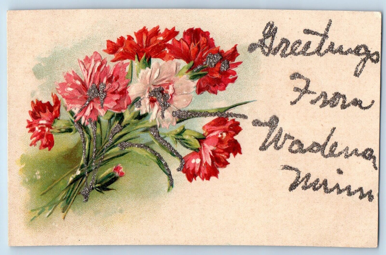 Wadena Minnesota Postcard Greetings Glitter Flower Embossed 1910 Vintage Antique