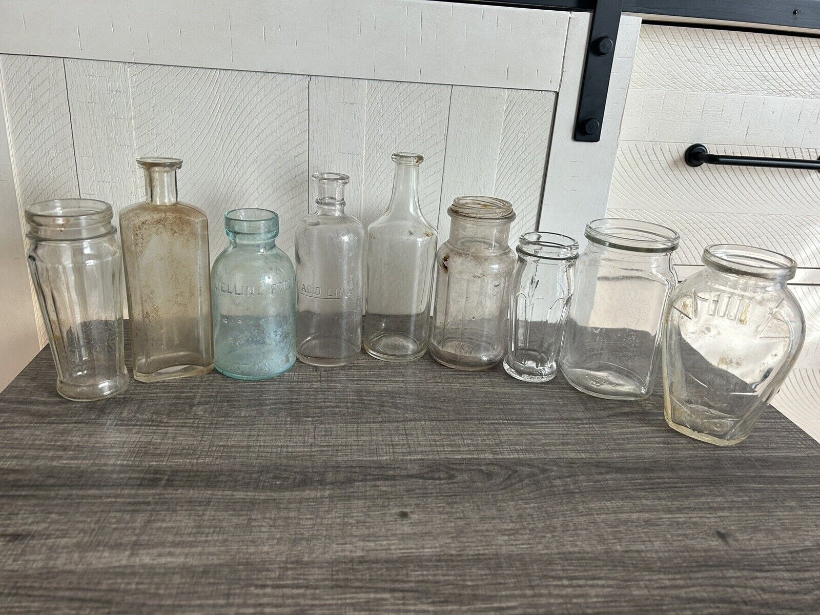 9 Vintage Antique Apothecary Food Glass Bottles Clear Green Hazel Atlas