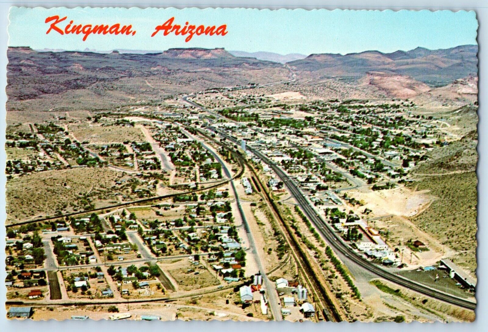 Kingman Arizona AZ Postcard Aerial View Kingman City Street Mountain Route 66