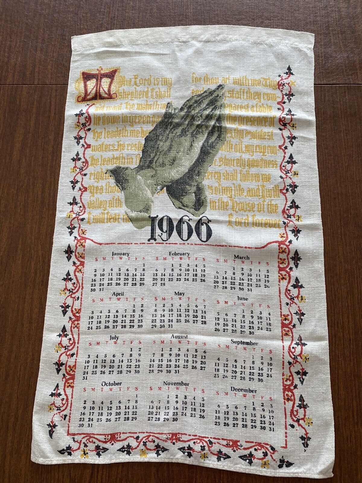 Vintage Linen Wall Hanging 1966 Calendar 16 1/2 X 28” Psalm 23