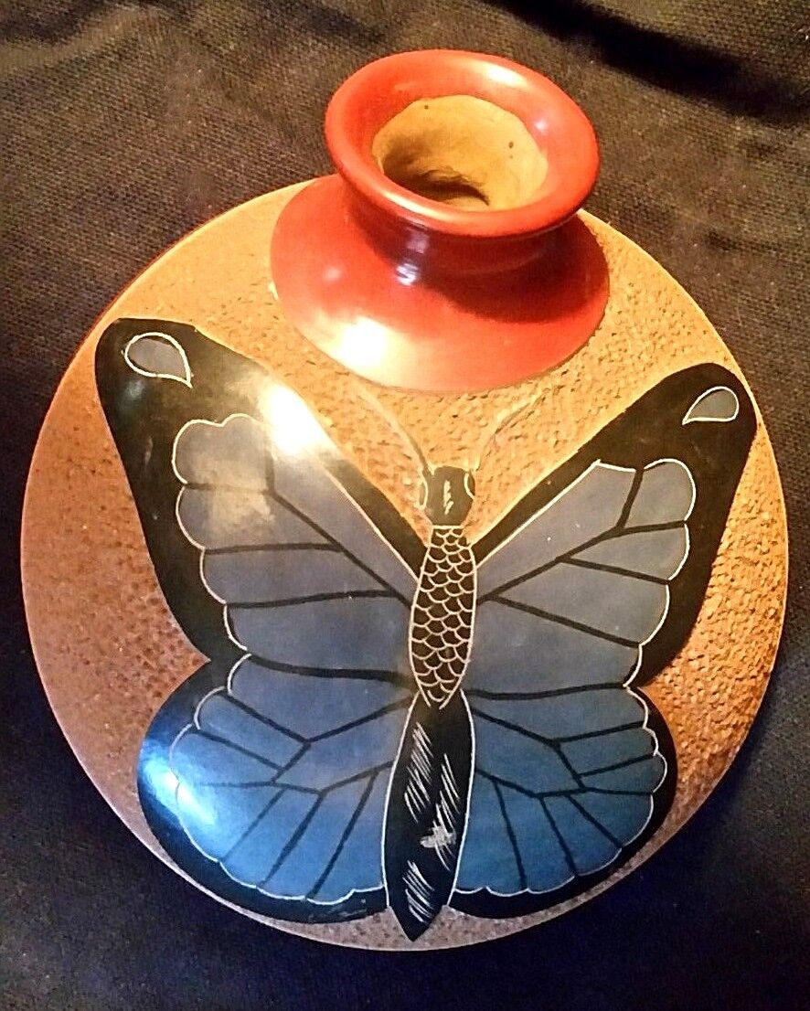 Butterfly Vase Clay Nicaragua Pottery Vintage Folk Art Textured Round Vessel