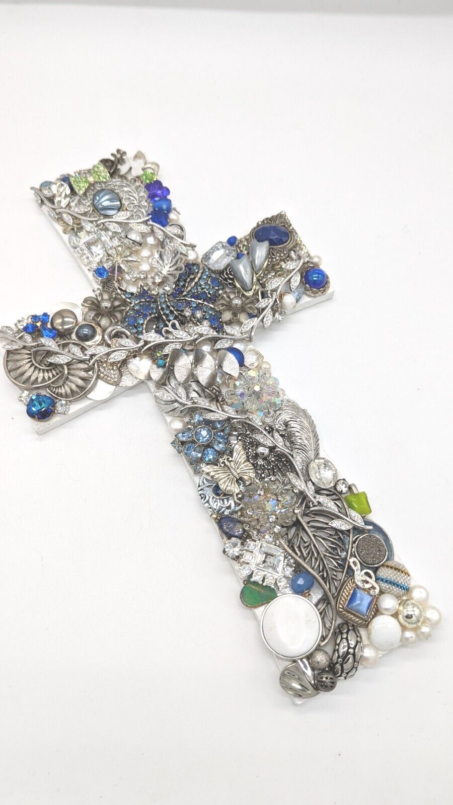 Vintage Jewelry Artwork Silver Tone Cross Wall Hanging Handmade One Of A Kind