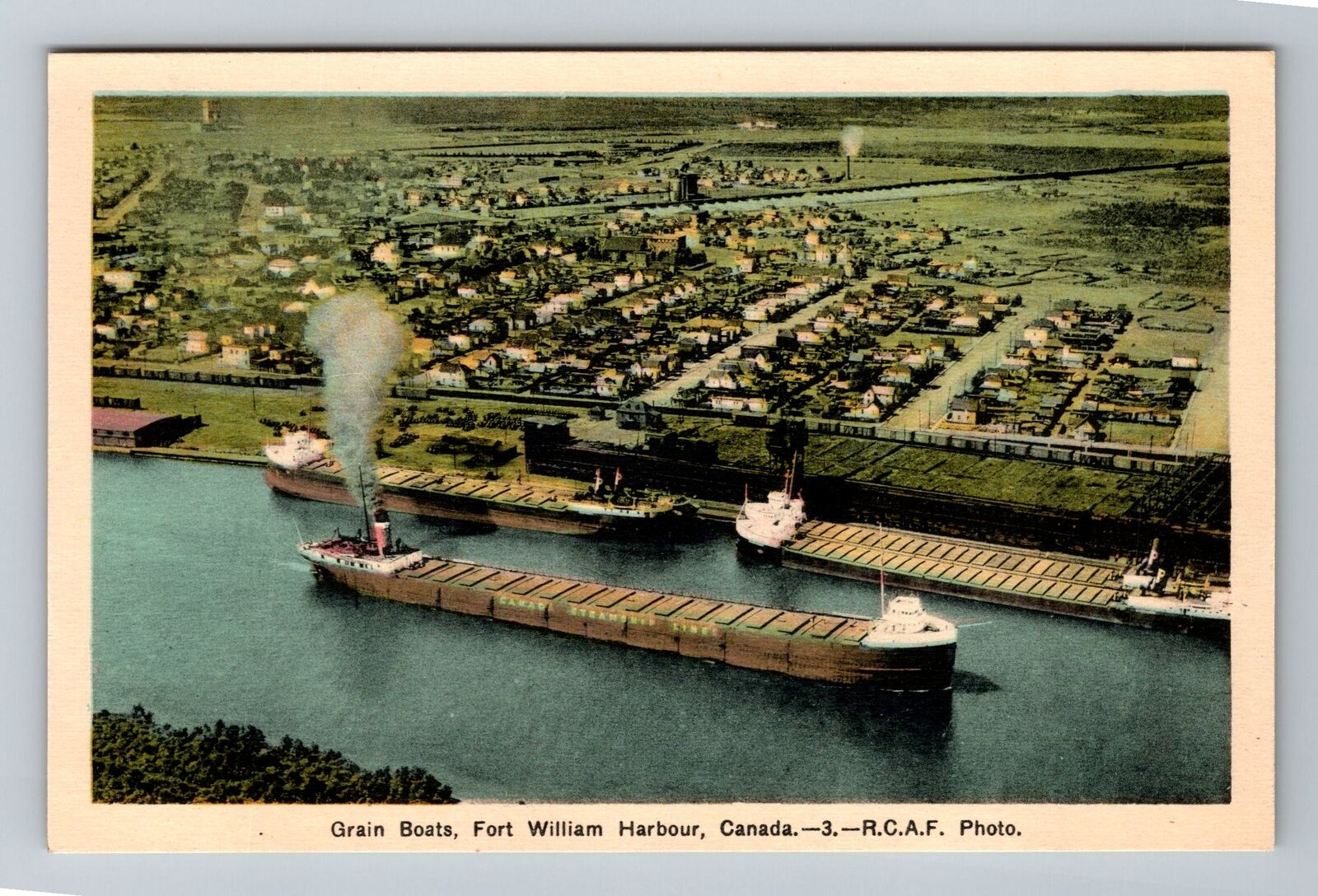 Fort William Harbour Ontario Canada Aerial Grain Boats Antique Vintage Postcard